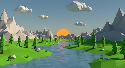 Low Poly River Valley at Sunset: Evergreen Trees, Mountains & Geometric Clouds in a Tranquil, Stylized Nature Landscape Illustration, Ideal for Backgrounds & Design