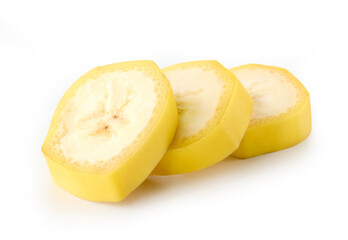 Three banana slices on white background