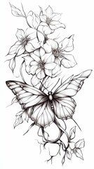 Monochrome drawing: butterfly amidst delicate flowers.