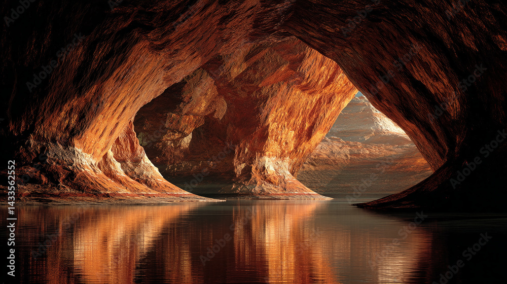 Poster orange rock cave reflected in calm water, creating a symmetrical, serene image symbolizing mystery, 