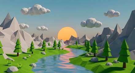 Low Poly Landscape: River Flows Through Green Hills as Sunset Paints Mountains, Clouds in Clear Blue Sky&mdash;Nature, Environment, Peacefulness
