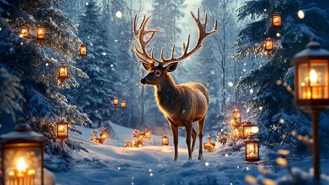 Enchanting Winter Scene, Majestic Deer in a Luminous Snowy Forest
