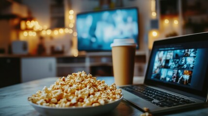 Popcorn, laptop, coffee sit ready: Streaming service, home entertainment, movie night offer relaxation, leisure.