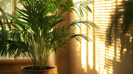 Palm tree sits in pot casting shadows across wall with venetian blinds basks in warm sunlight.