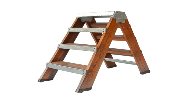 Vintage wooden step ladder, rustic decor with metal accents