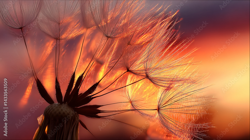 Poster close-up of dandelion seeds backlit by sunset, creating a fiery orange and pink hue. the image symbo