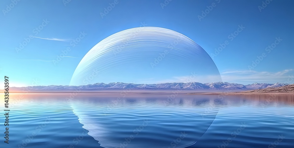 Poster 水面に浮かぶ立方体構造 青い空と夕日の風景 抽象的な未来的なビジュアル表現