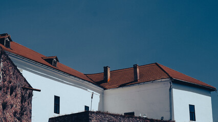 Tile roof details of an ancient castle with medieval stone architecture