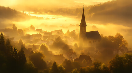 Obraz premium Village veiled in morning fog, the church spire a beacon amidst the soft golden light. spire. illustration. Veil Spire. Illustration
