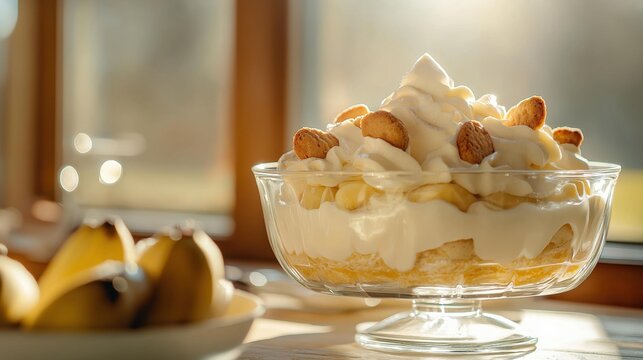 Dessert in a glass bowl on a wooden table. the dessert appears to be a trifle with a layer of whipped cream on top.