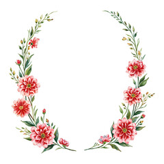 Elegant Vintage Frame Made of Red Dahlia Flowers Isolated Hand Drawn Watercolor Painting Illustration