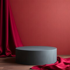 Gray Display Stand with Red Drapery on Wooden Floor