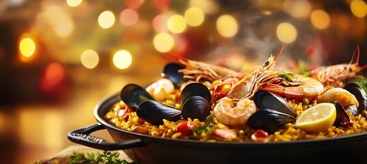 Delicious seafood paella served in a rustic pan with rich flavors and vibrant ingredients