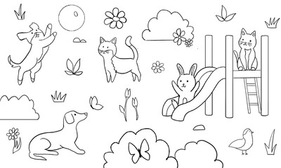 Black and white line drawing of cute animals playing in a garden. dog jumping for a ball, cat walking, rabbit, and a cat on a climbing structure. Simple nature elements 