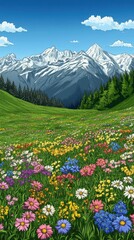 Flower meadow, snow-capped mountains, green hills, sunny sky.