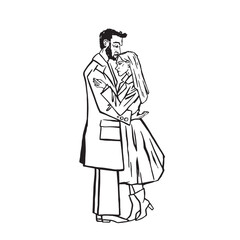 Lovers hugging outline monochrome illustration hand made