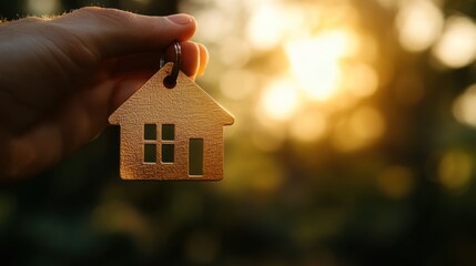 Hand holds house keychain in warm, golden light, symbolizing homeownership, new beginnings, financial security.