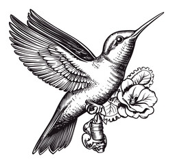 Obraz premium Detailed Black and White Engraving of Hummingbird with Flowers