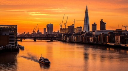 Fototapeta premium London sunrise, boat Thames, city skyline