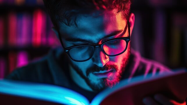 Bearded man reads book, illuminated by blue, pink light, suggesting intense focus, concentrated study.