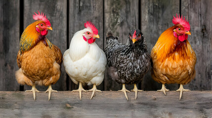 Fototapeta premium Four Colorful Chickens Standing Side By Side on a Weathered Wooden Board in Rustic Setting