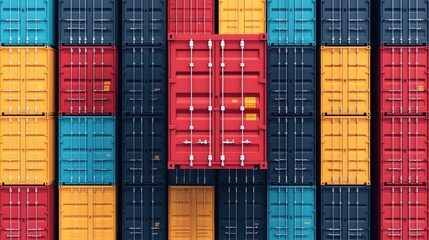 Fototapeta premium A vibrant arrangement of shipping containers in various colors, with a prominent red container standing out among the blue, yellow, and black ones.