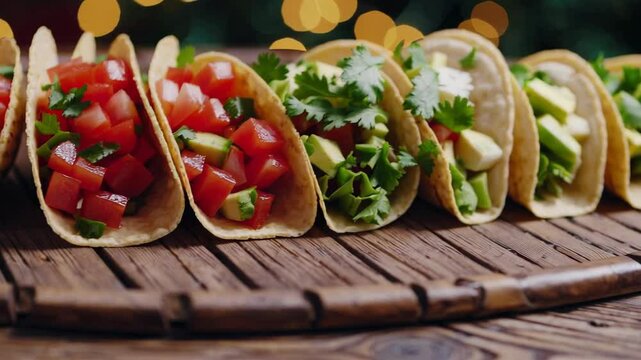 Vibrant taco row display: fresh ingredients and colorful presentation for festive dining themes