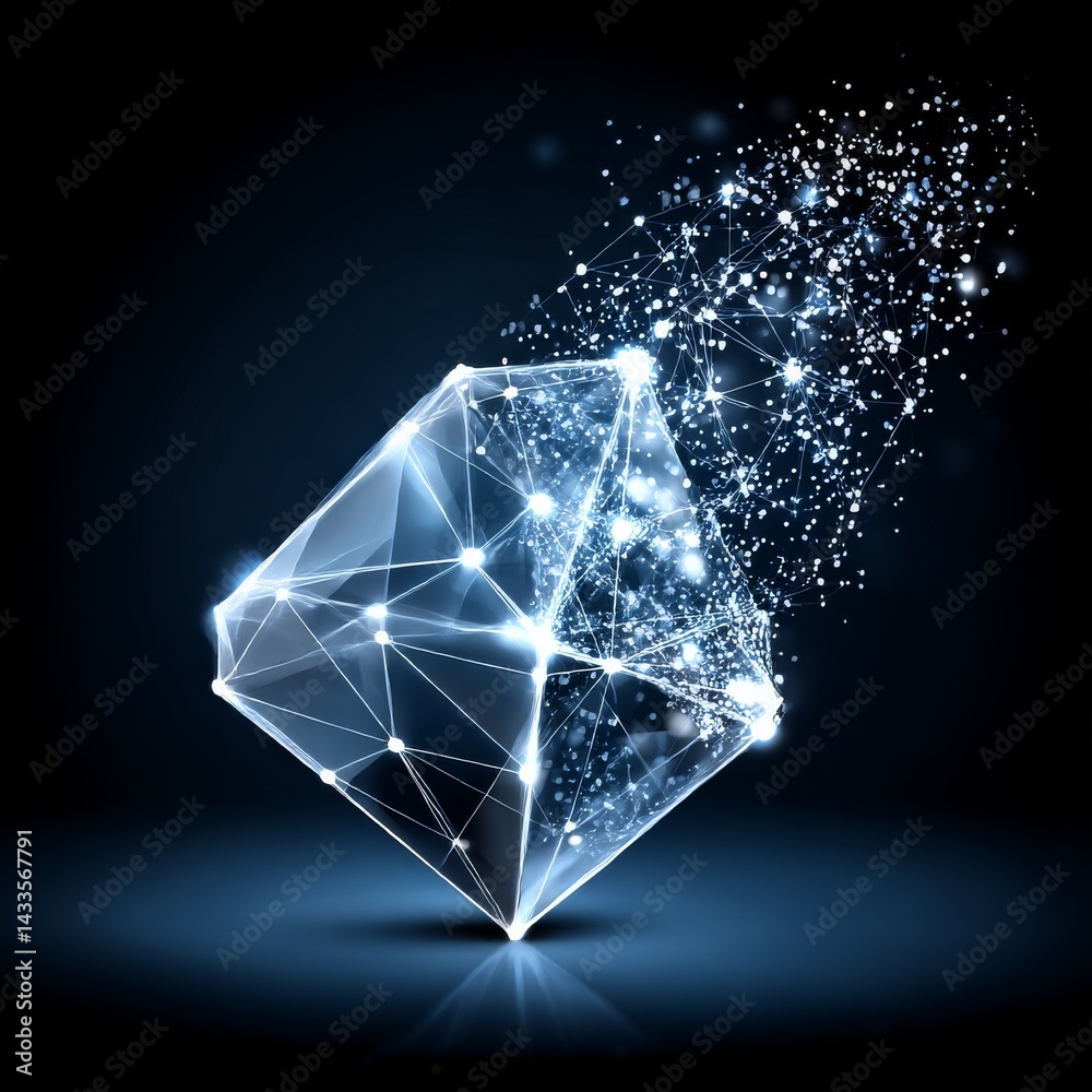 Poster Abstract Diamond: Luminescent Low Poly Structure Dissolving Into Shimmering Particles on a Dark Backdrop