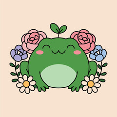 Cute Happy Frog with Flowers Cartoon Illustration