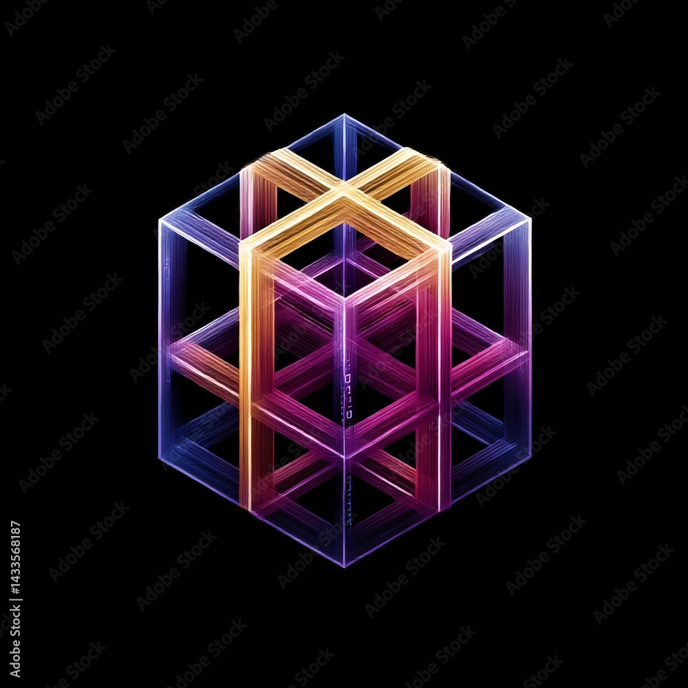 Poster Abstract Gradient Cube Structure on Black Background, Geometric Shape with Neon Lighting and Intersecting Lines