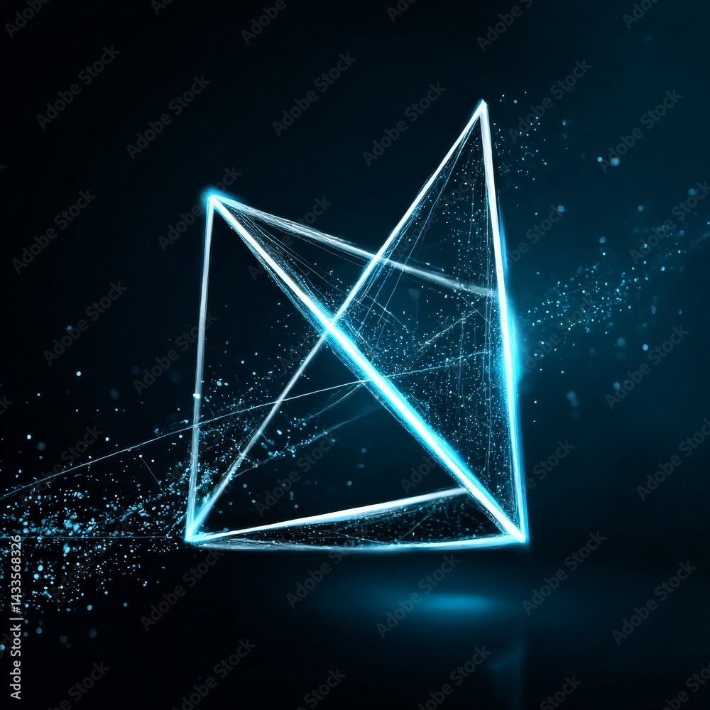 Fototapete abstract luminous cube: a dazzling display of geometric light and particle dispersion on a dark back