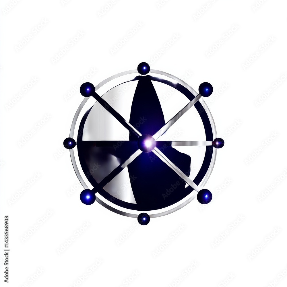 Poster abstract silver and blue circular design with glowing center and spherical accents on white backgrou