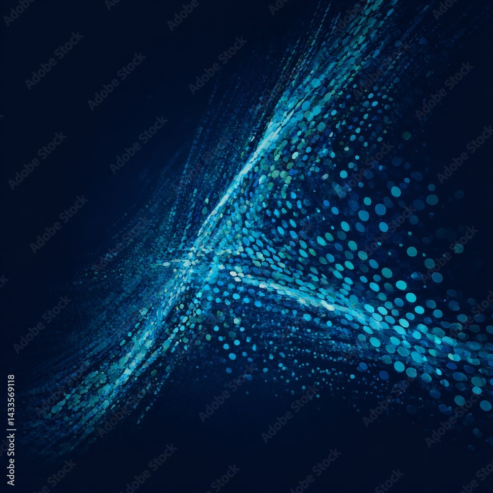 Poster abstract swirl of turquoise light points on a dark background: an ethereal digital art piece.