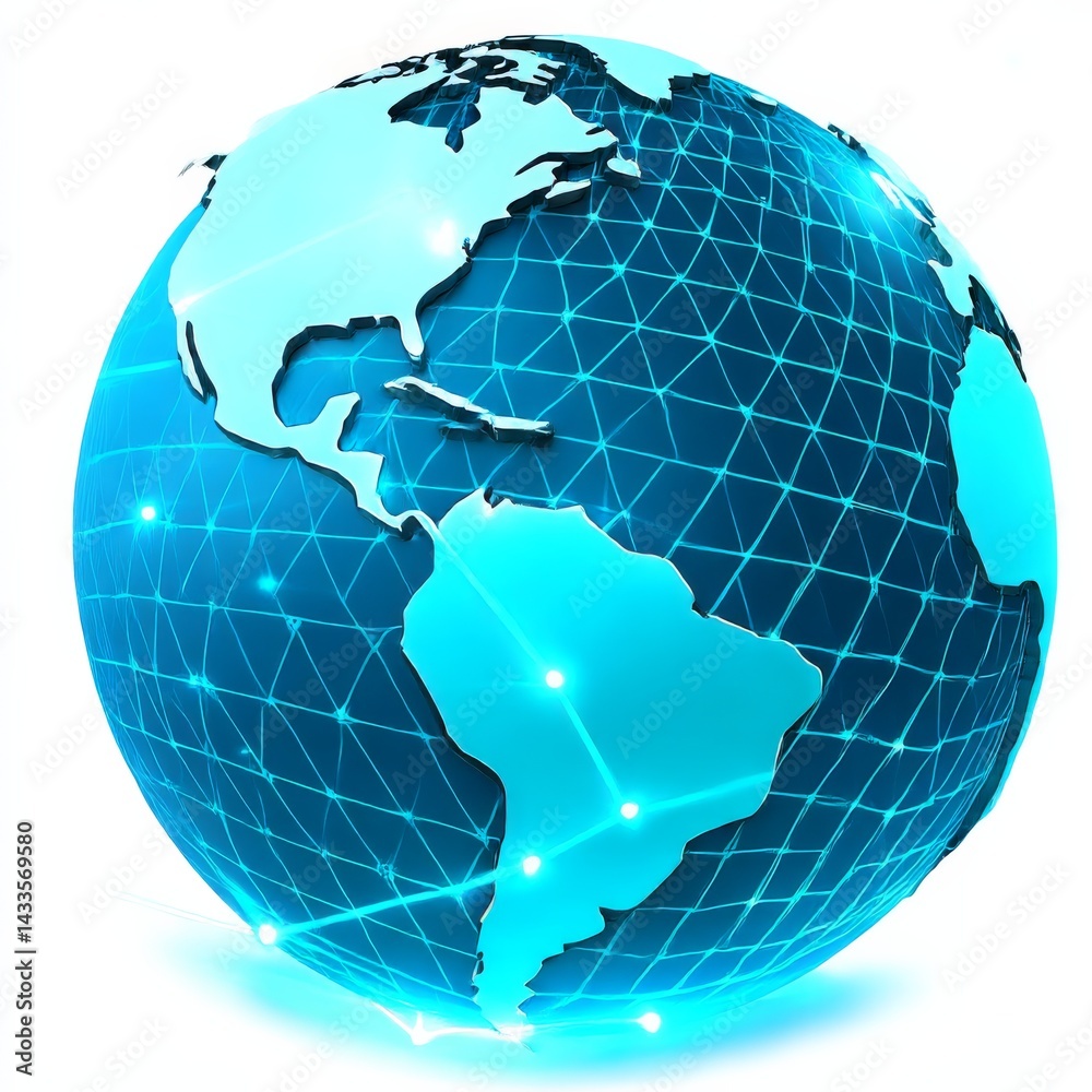 Poster connected world: a 3d rendering of the earth with a network overlay highlighting north and south ame