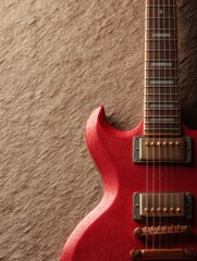 Red Electric Guitar Close-up on Tan Textured Background Perfect for Music