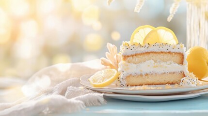 Slice of lemon cake on a white plate. the cake is a light yellow color and has a layer of white frosting on top. there are two lemon wedges on the plate, one on each side of the cake.