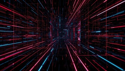 Obraz premium Abstract Digital Corridor Red Blue Neon Lines Data Stream