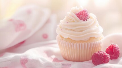 Close-up of a cupcake with white frosting on top. the cupcake is placed on a white cloth with pink polka dots.