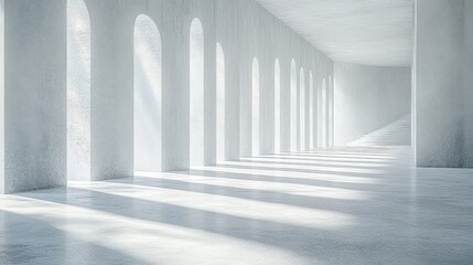 Fototapeta premium Minimalist White Interior With Arched Columns Shadowed Corridor and Bright Daylight