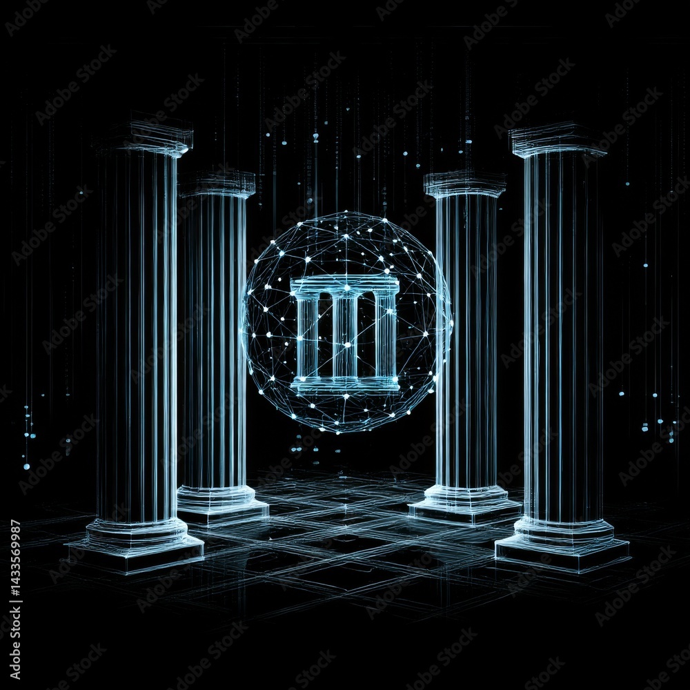 Fototapete cyberpunk temple: a digital rendition of classical architecture and data connectivity