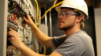Electrician inspecting electrical panel, wearing safety glasses, hard hat, ensuring efficient system operation and safety.