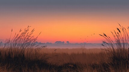 Obraz premium Sunset over marshland with mist rising from grassy meadows under a fading sun in a serene landscape
