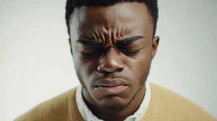 Obraz premium Young African man closing eyes, frowning deeply, conveying distress, perhaps contemplation, certainly emotional pain.