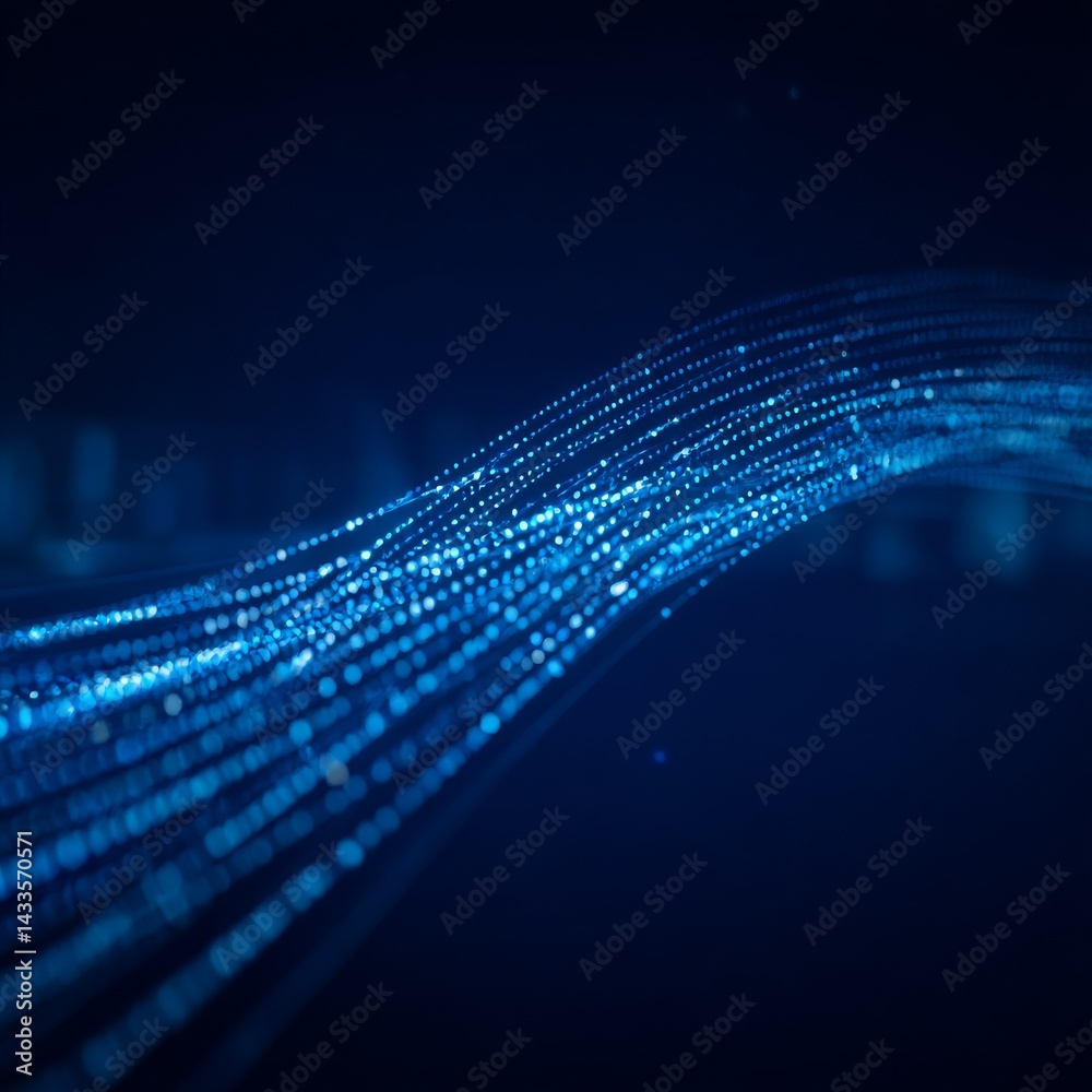 Poster Flowing Data Stream: A Visual Representation of Digital Information in Blue Tones with Depth of Field