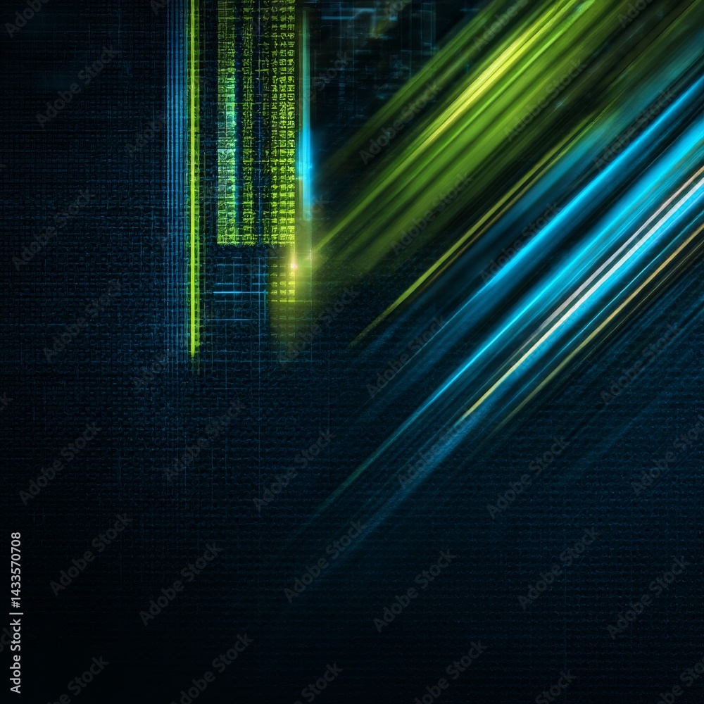 Aufkleber Futuristic Data Stream: Abstract Digital Matrix with Blue and Green Light Trails on Dark Textured Background.