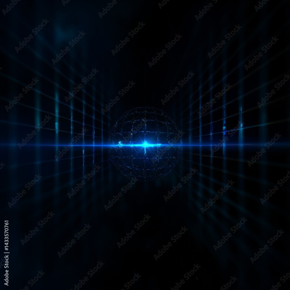 Poster futuristic network: glowing wireframe sphere and blue light beam in a dark digital space