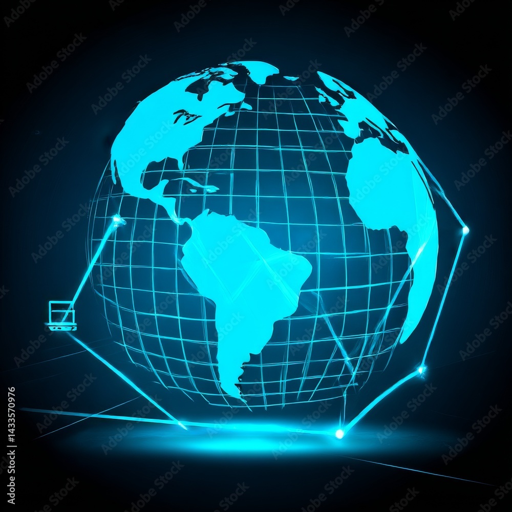 Poster global network: a neon blue representation of worldwide connectivity and digital communication