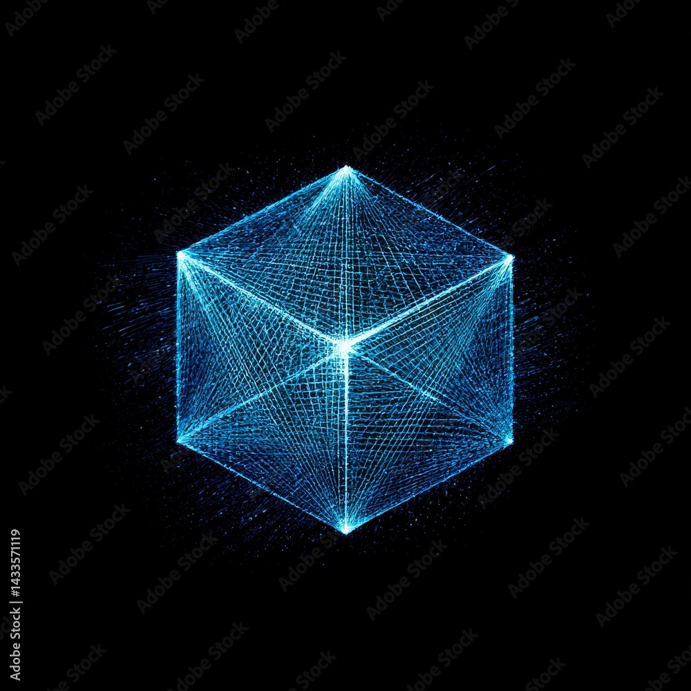 Poster Glowing Blue Wireframe Cube on Black Background - Abstract Geometric Design, Modern Tech Art
