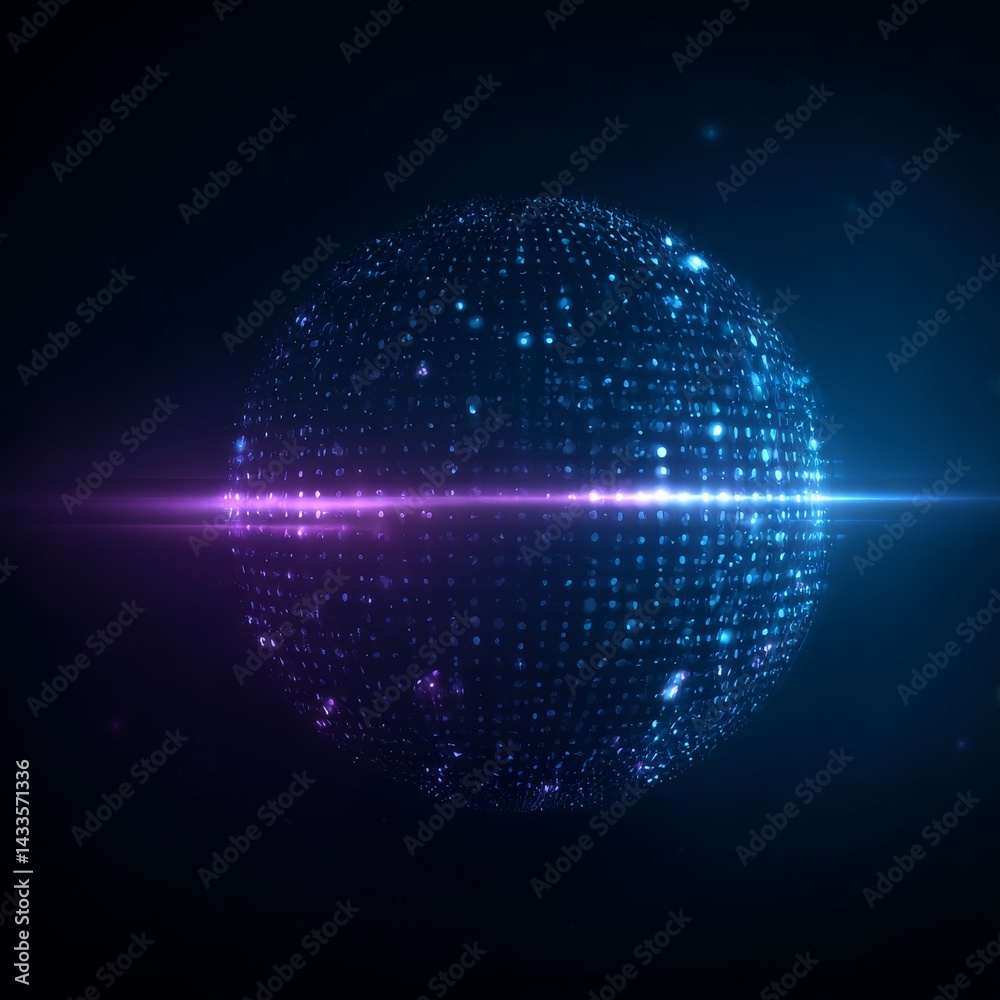 Poster Luminous Data Sphere: A 3D Rendering of a Tech-Inspired Abstract Globe with Blue and Purple Light Effects