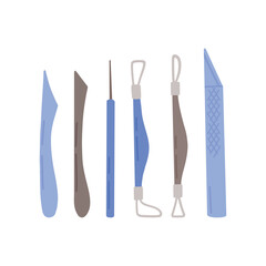 A set of modern pottery tools. A collection of wooden tools for making clay sculptures. Equipment for an art studio. Vivid vector illustration. Vector illustration